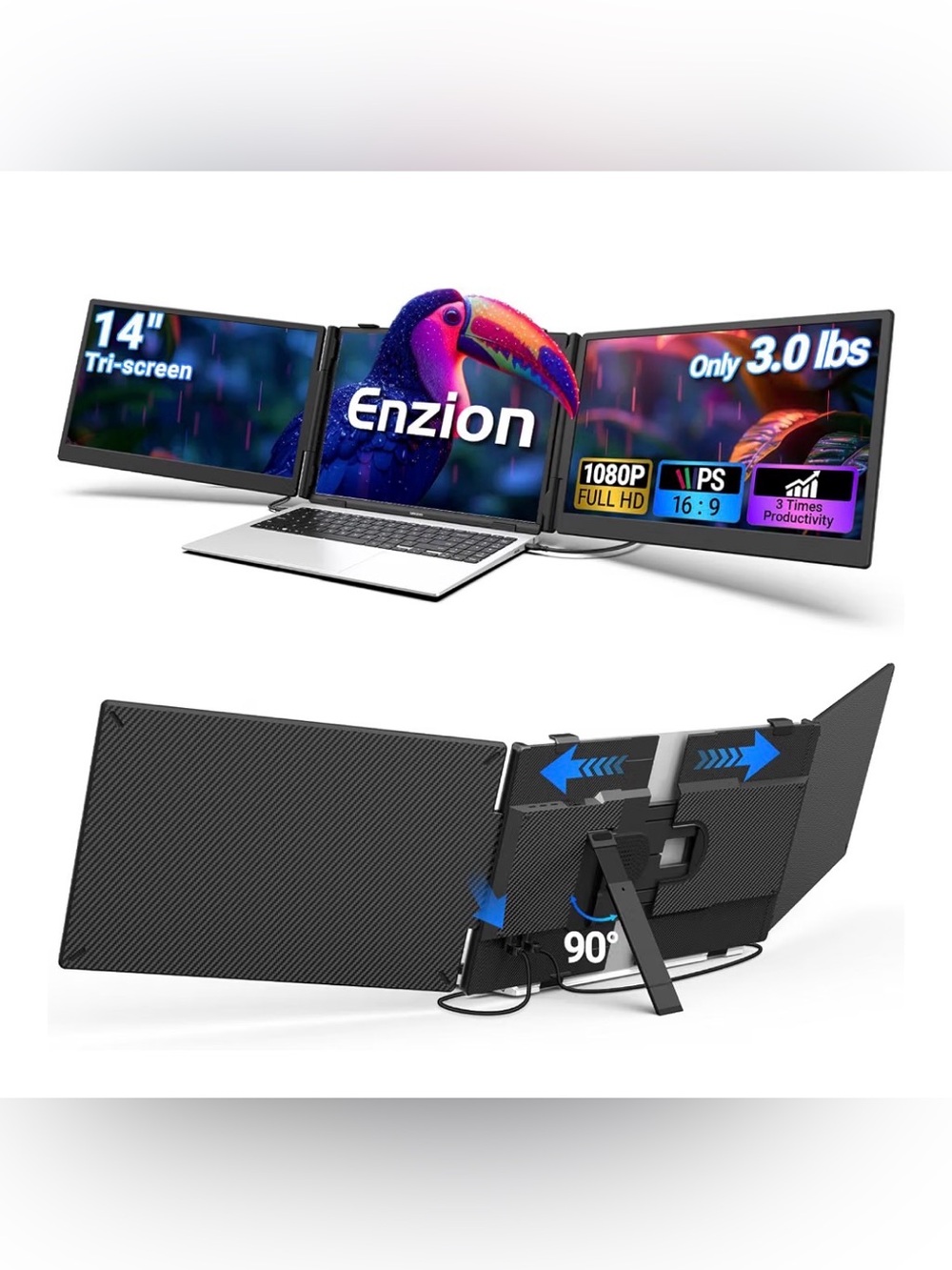 Triple Portable Monitor - Black - 14" 1080P Full HD